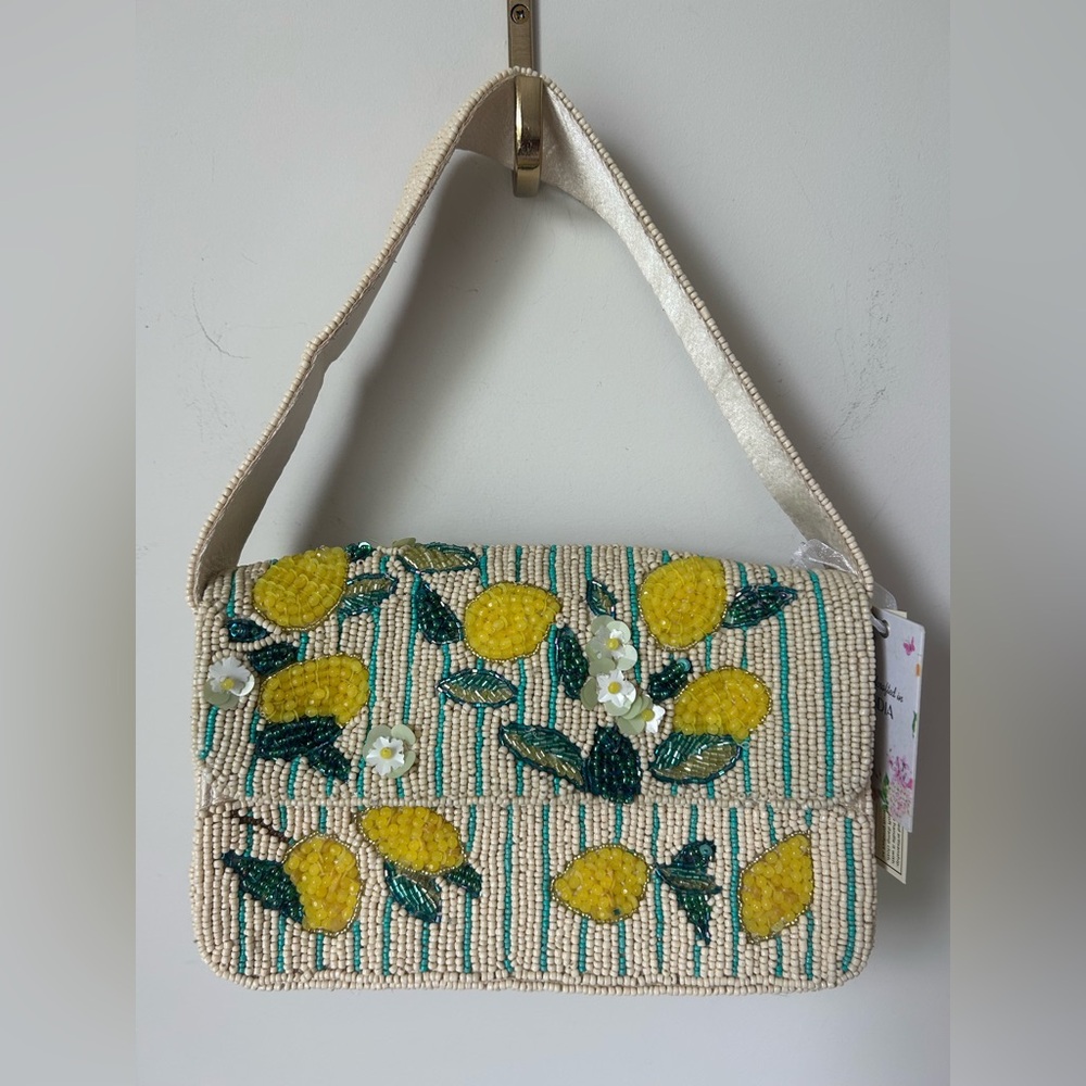 Viral Lemon Beaded Striped Cream Shoulder Bag